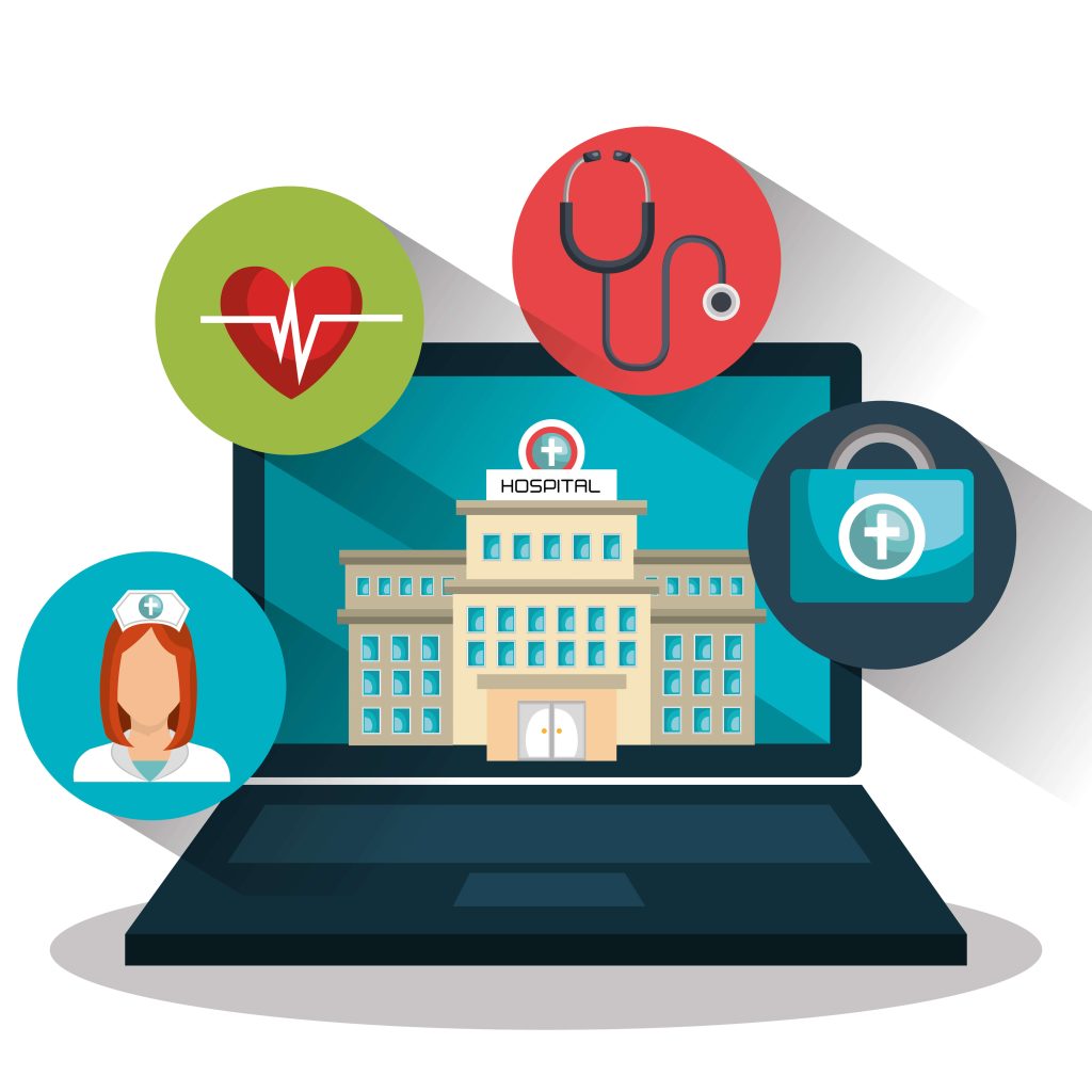 Laptop with hospital and healthcare icons