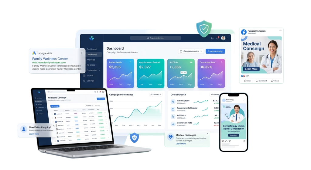 Healthcare marketing dashboard on desktop, laptop and phone