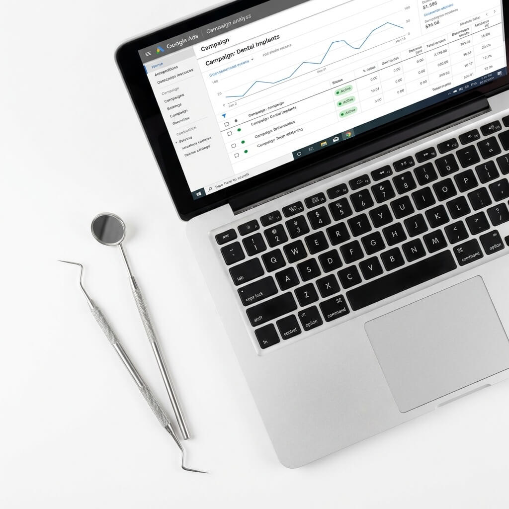 Laptop with dental Google Ads reporting beside dental tools
