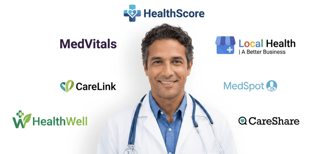 Doctor surrounded by healthcare review platform logos