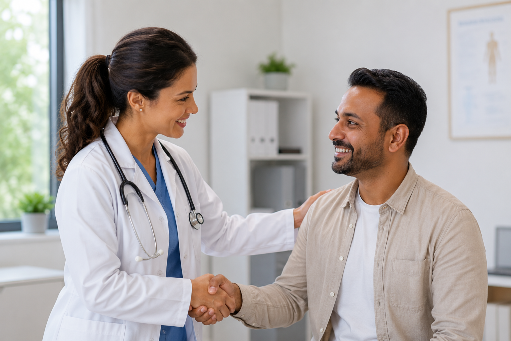 Doctor shaking hands with a patient in a consultation room