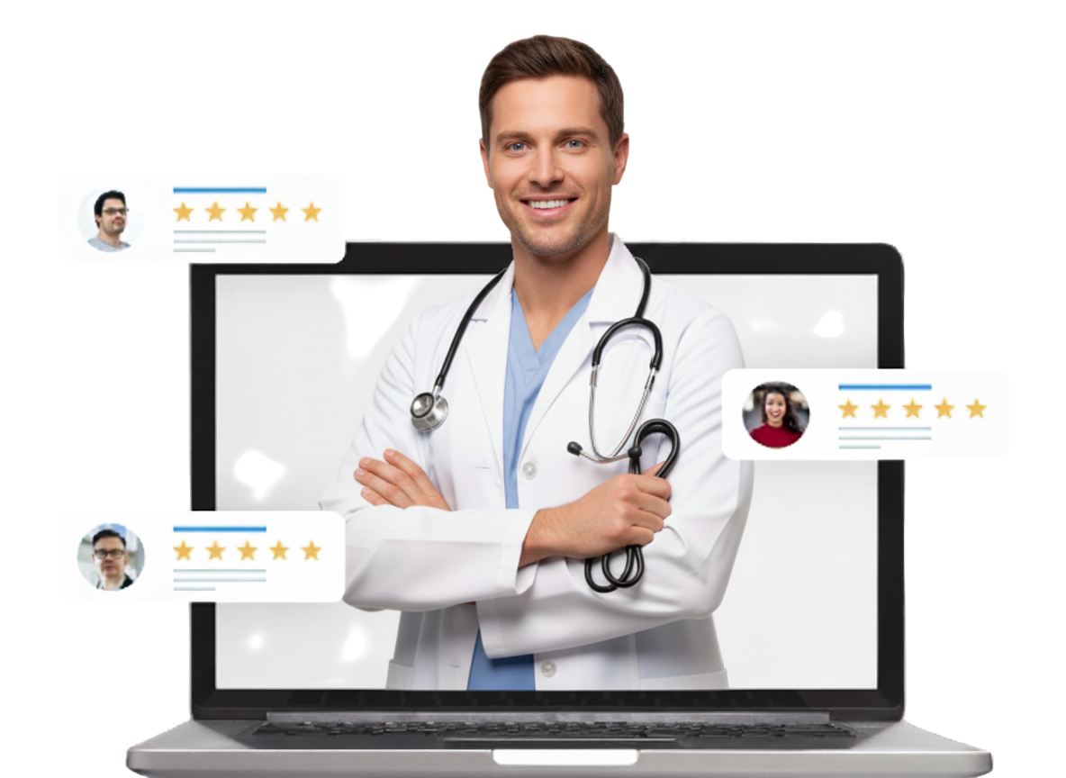 Doctor shown on a laptop screen surrounded by five-star patient review cards