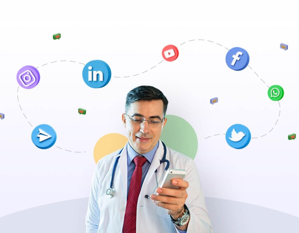 Doctor using a phone surrounded by social media icons