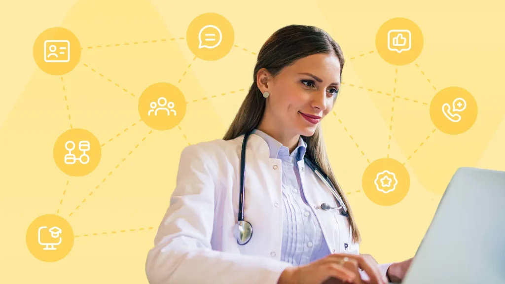 Doctor working on a laptop with social media strategy icons