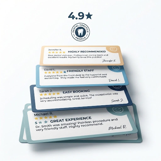 Dental practice review cards with a 4.9 star rating
