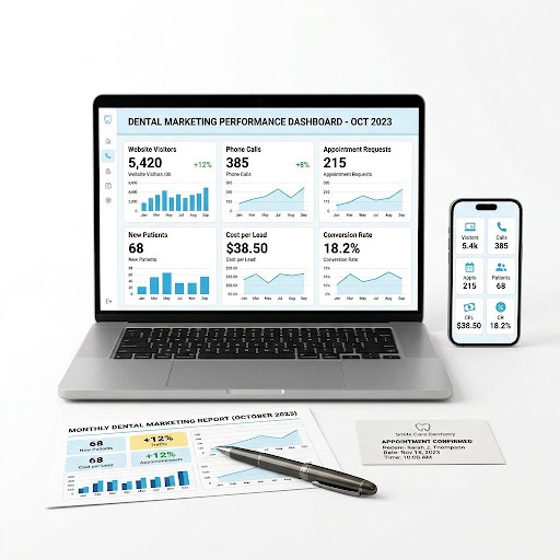 Dental marketing performance dashboard on a laptop and phone