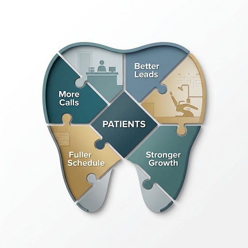 Tooth-shaped puzzle showing more calls, better leads, fuller schedule and stronger growth