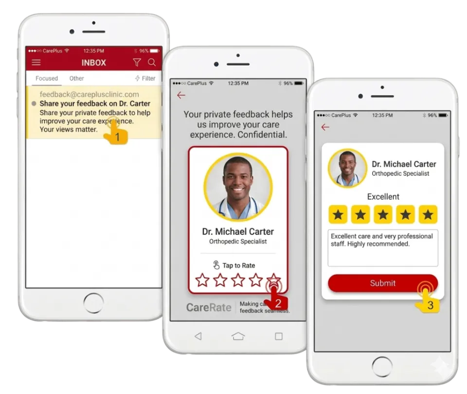 Patient feedback request shown on a phone, from SMS invitation to private rating