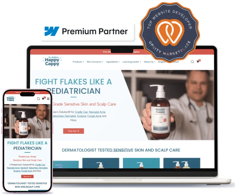 Pediatric skin and scalp care website shown on laptop and phone